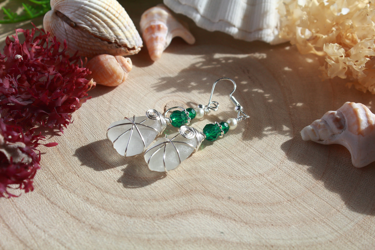 White Irish Sea Glass & Teal Green Beaded Earrings, Boho Irish Jewellery