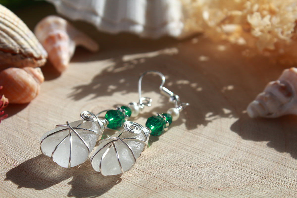 White Irish Sea Glass & Teal Green Beaded Earrings, Boho Irish Jewellery