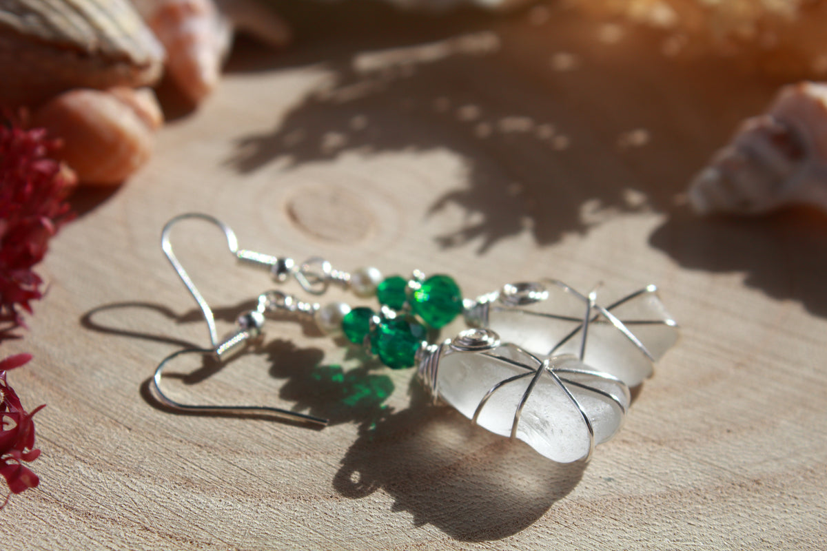 White Irish Sea Glass & Teal Green Beaded Earrings, Boho Irish Jewellery