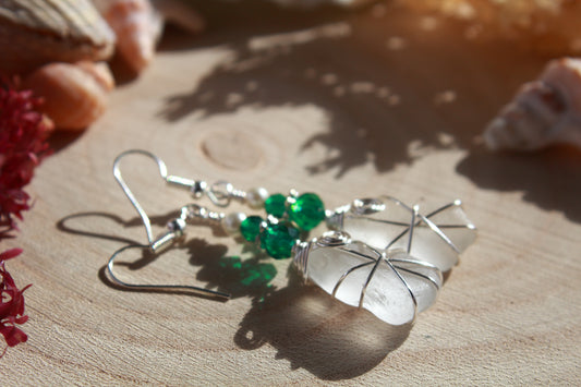 White Irish Sea Glass & Teal Green Beaded Earrings, Boho Irish Jewellery