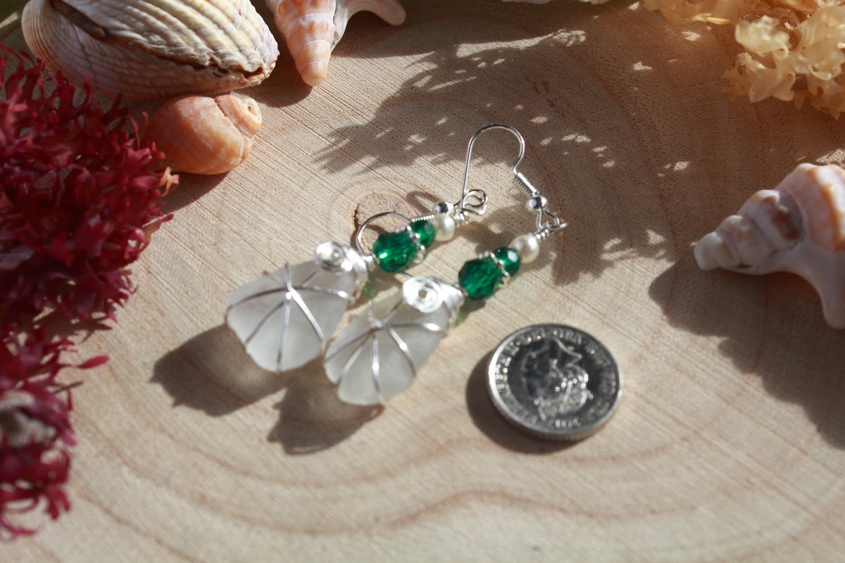 White Irish Sea Glass & Teal Green Beaded Earrings, Boho Irish Jewellery