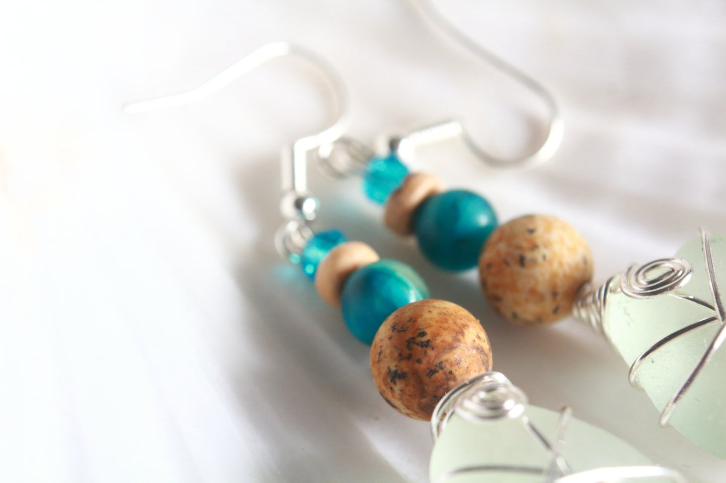 Turquoise Waters Frosted White Irish Sea Glass Blue Beaded Earrings