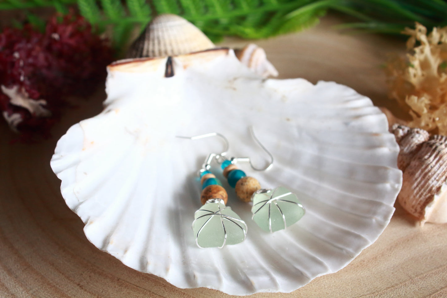 Turquoise Waters Frosted White Irish Sea Glass Blue Beaded Earrings