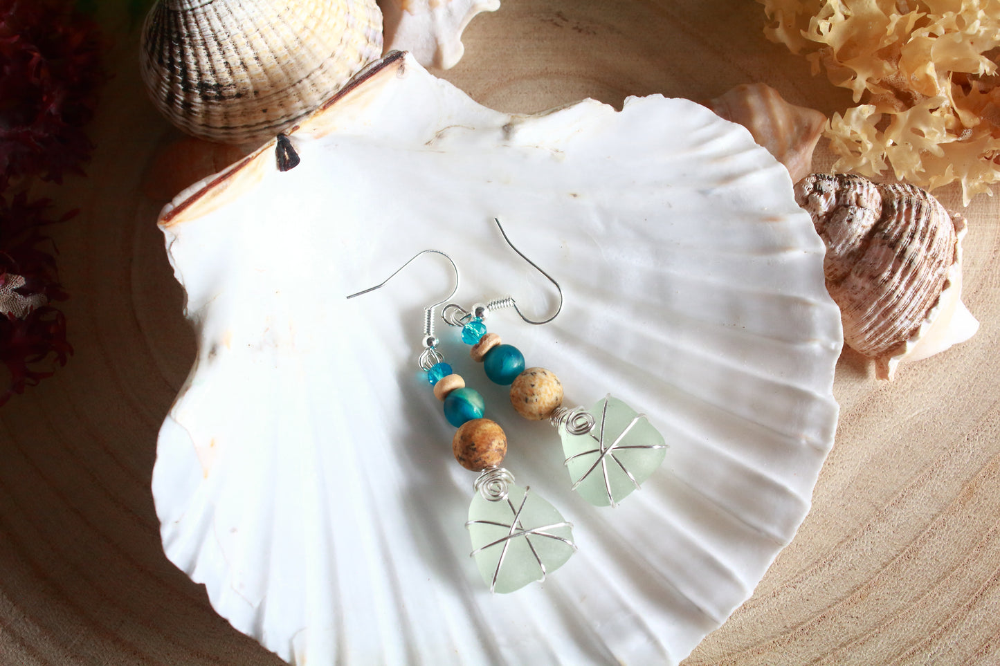Turquoise Waters Frosted White Irish Sea Glass Blue Beaded Earrings