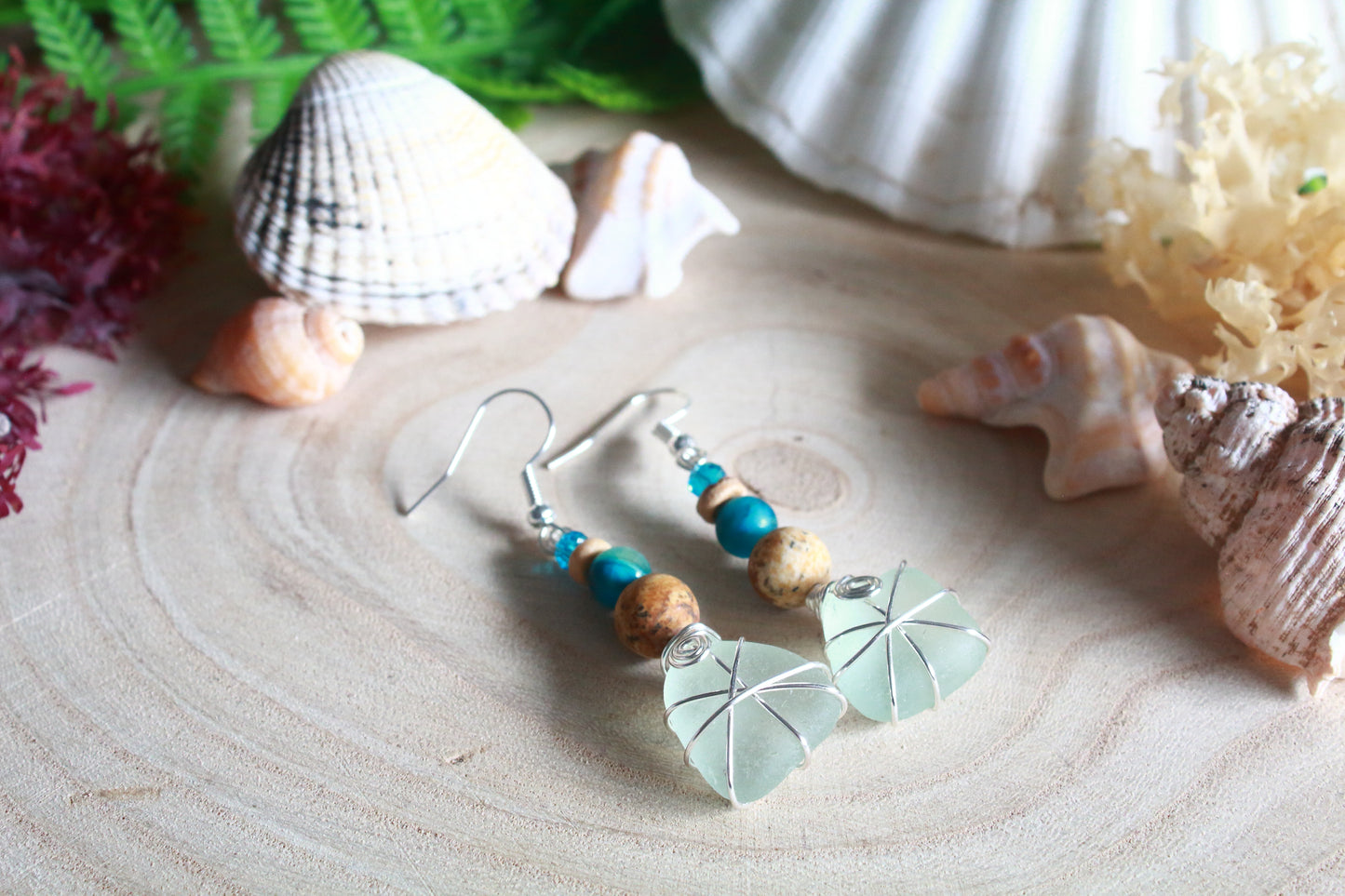 Turquoise Waters Frosted White Irish Sea Glass Blue Beaded Earrings