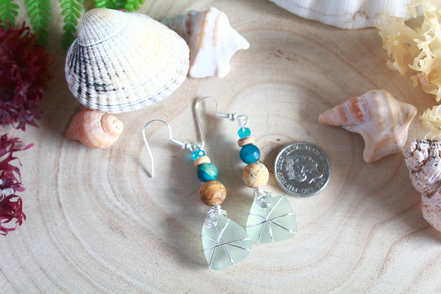 Turquoise Waters Frosted White Irish Sea Glass Blue Beaded Earrings