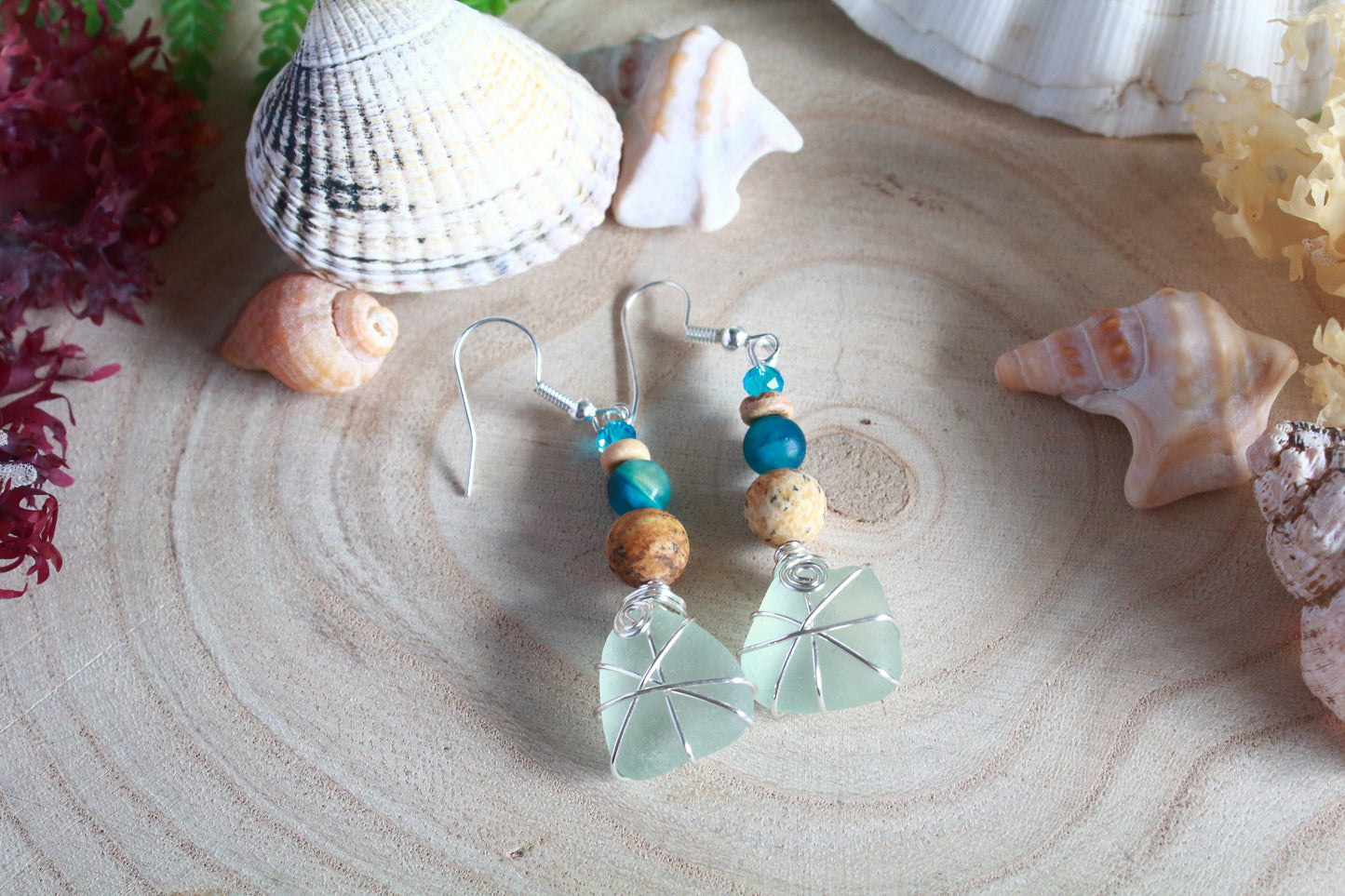 Turquoise Waters Frosted White Irish Sea Glass Blue Beaded Earrings