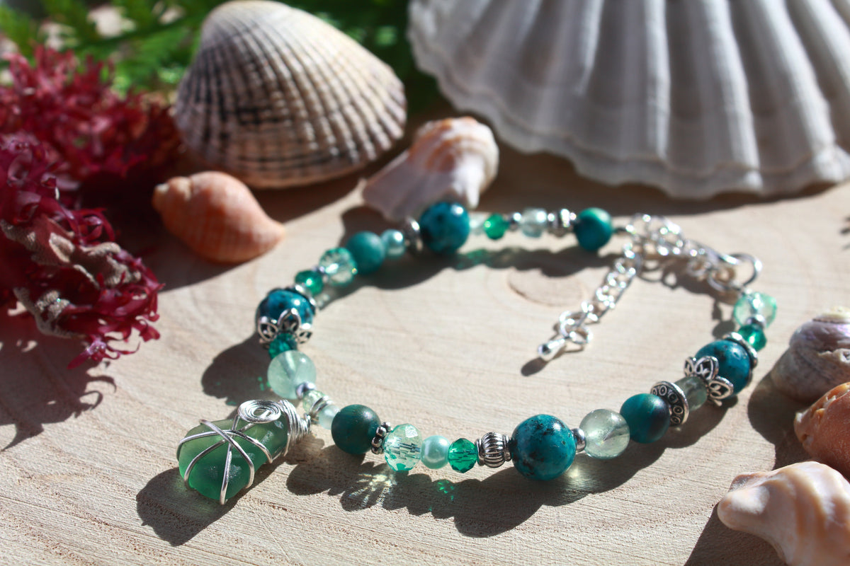 Teal Beaded Sea Glass Bracelet , Boho Irish Sea Glass Jewellery