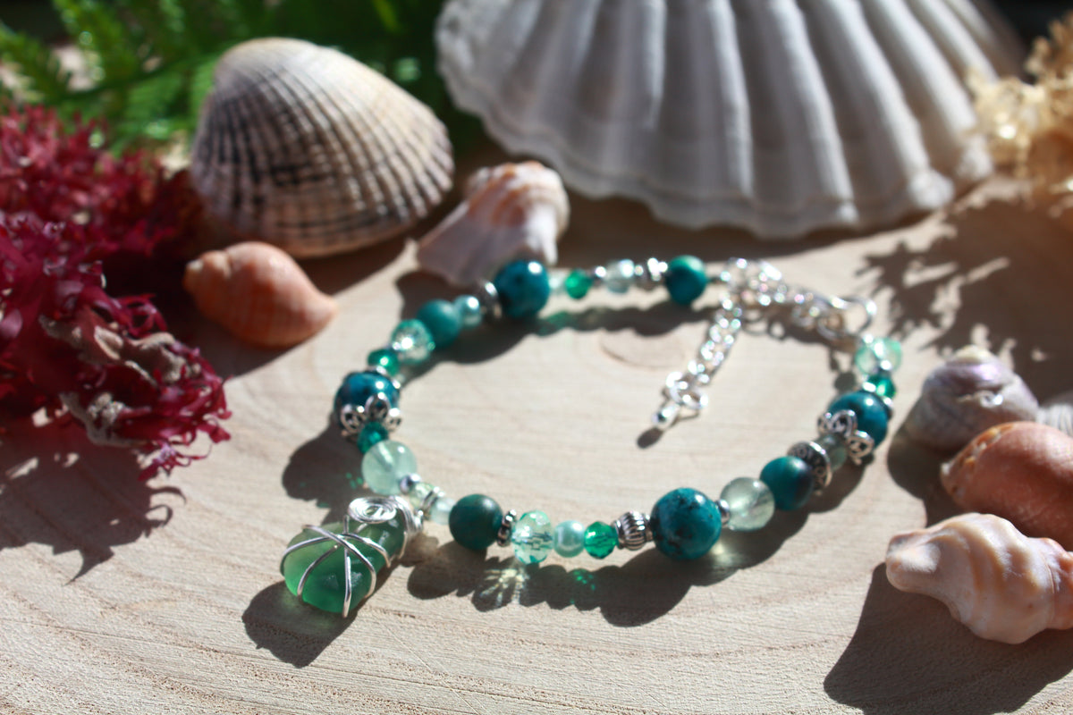 Teal Beaded Sea Glass Bracelet , Boho Irish Sea Glass Jewellery