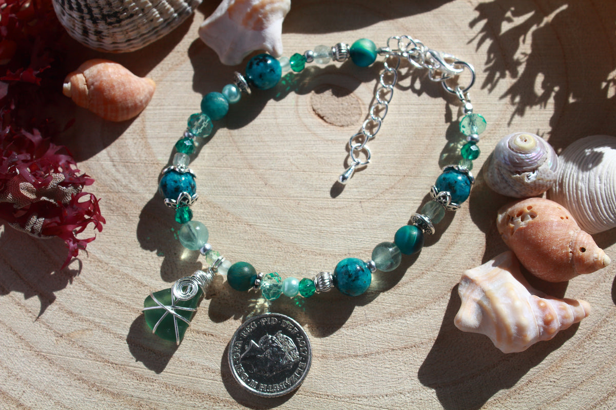 Teal Beaded Sea Glass Bracelet , Boho Irish Sea Glass Jewellery