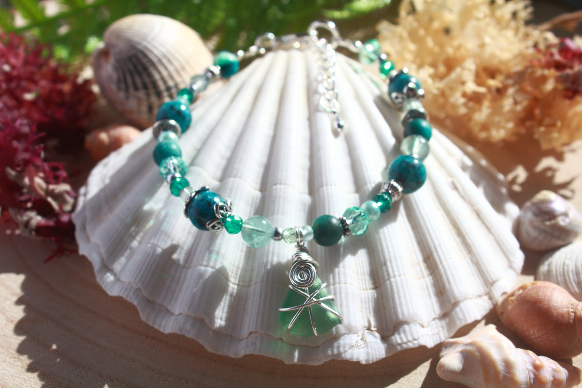 Teal Beaded Sea Glass Bracelet , Boho Irish Sea Glass Jewellery
