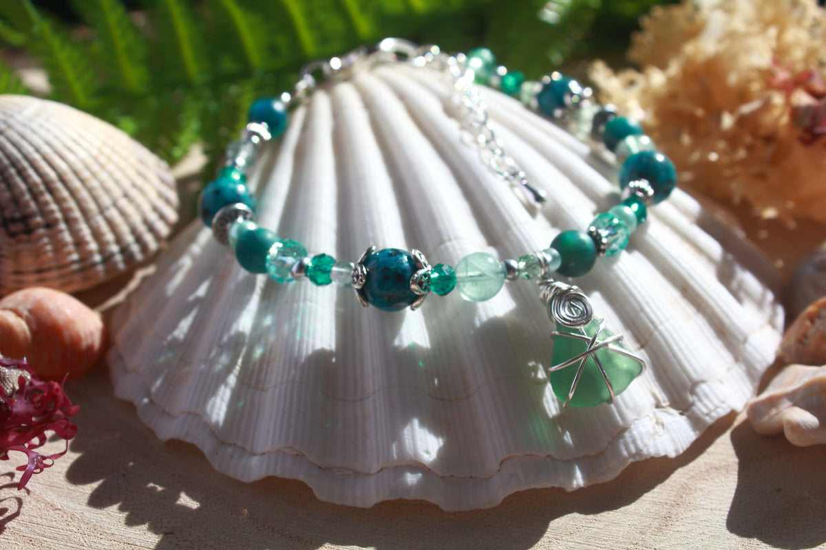Teal Beaded Sea Glass Bracelet , Boho Irish Sea Glass Jewellery