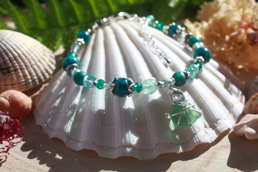 Teal Beaded Sea Glass Bracelet , Boho Irish Sea Glass Jewellery