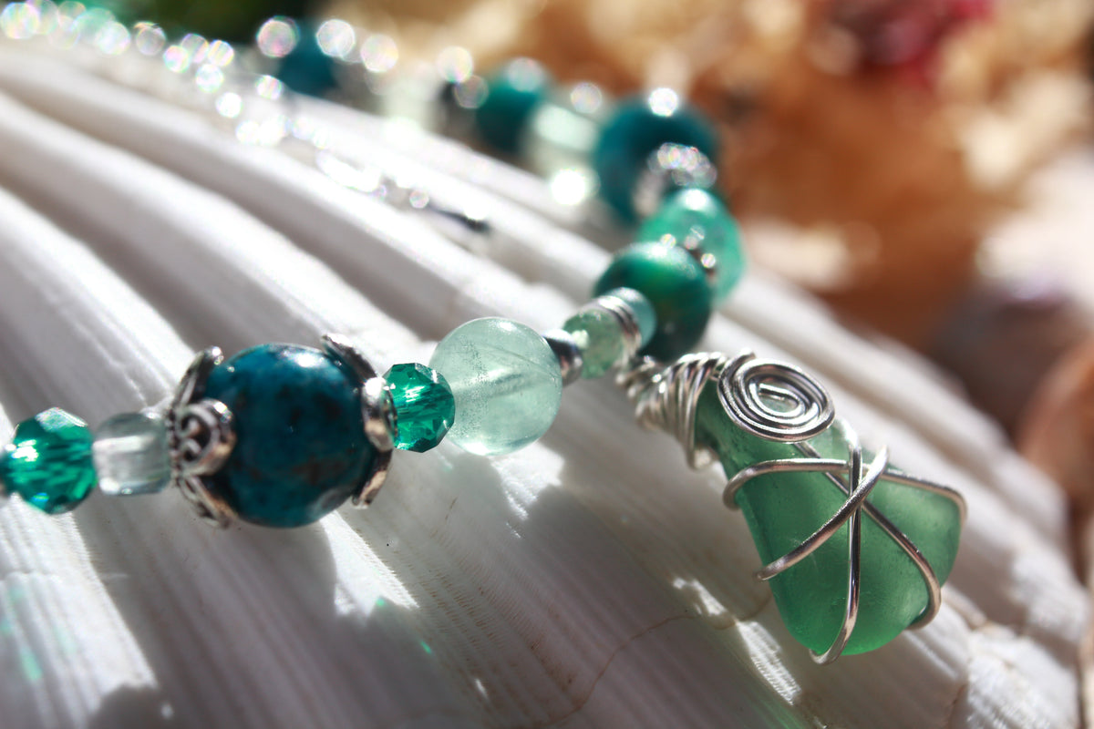 Teal Beaded Sea Glass Bracelet , Boho Irish Sea Glass Jewellery