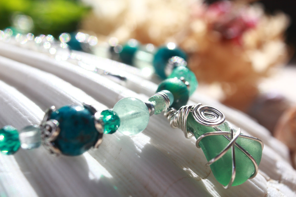 Teal Beaded Sea Glass Bracelet , Boho Irish Sea Glass Jewellery