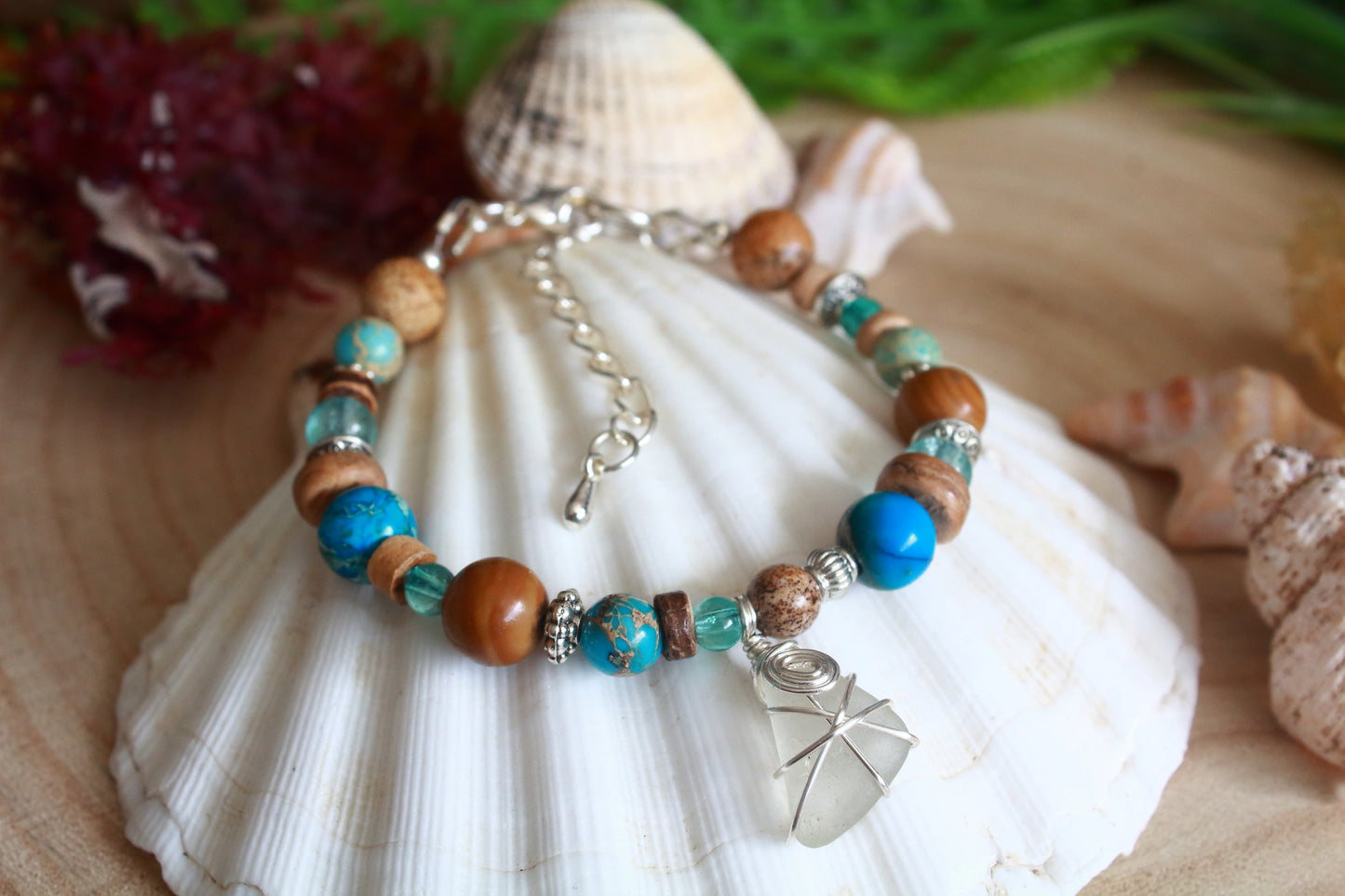 Turquoise Blue Sea  & Sand Irish Sea Glass Beaded Bracelet