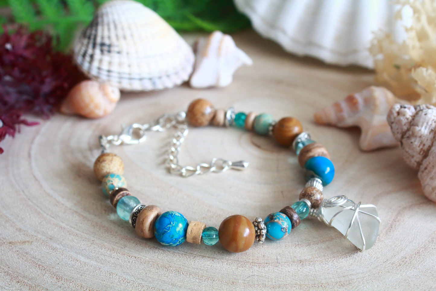 Turquoise Blue Sea  & Sand Irish Sea Glass Beaded Bracelet