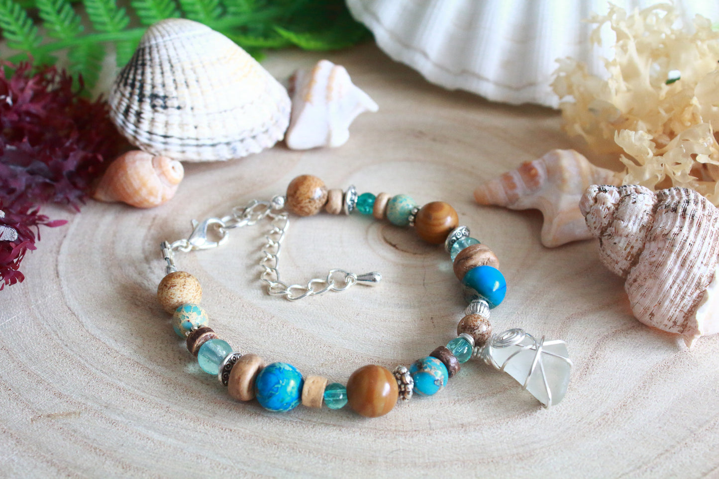 Turquoise Blue Sea  & Sand Irish Sea Glass Beaded Bracelet