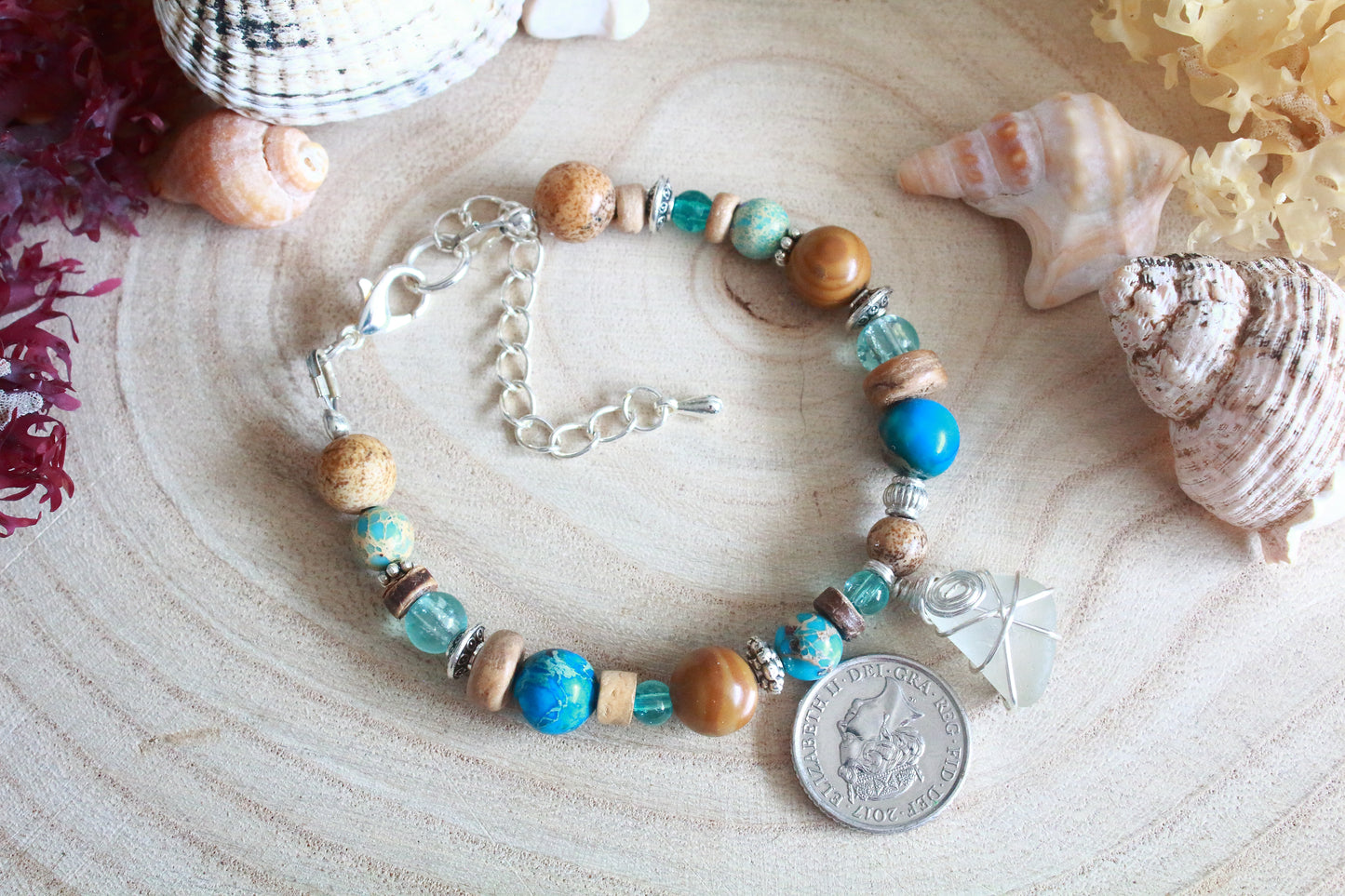 Turquoise Blue Sea  & Sand Irish Sea Glass Beaded Bracelet