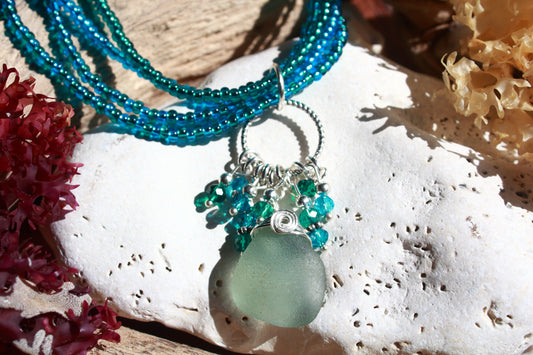 Deep Tropical Ocean Beaded Stretch Sea Glass Necklace