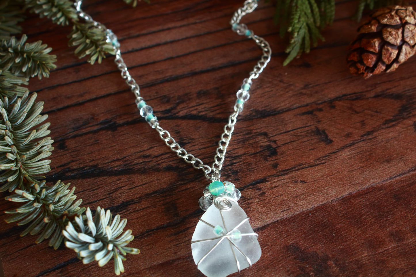 Winter Ice Crystal Sea Glass Necklace