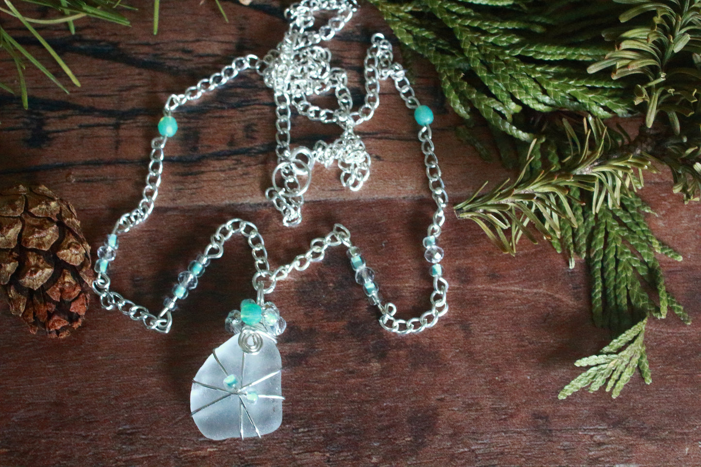 Winter Ice Crystal Sea Glass Necklace