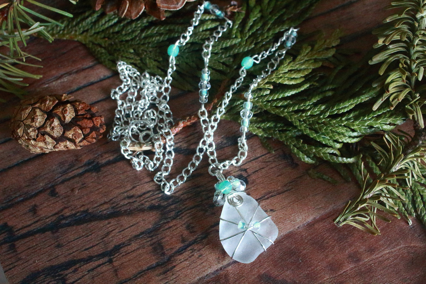 Winter Ice Crystal Sea Glass Necklace