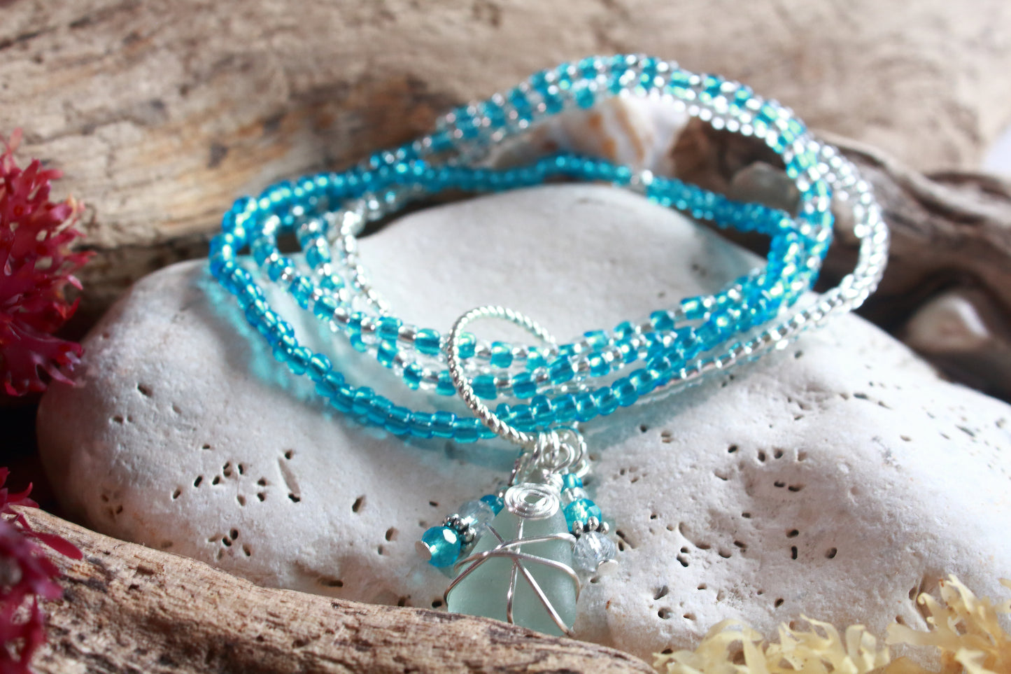 Winter Ocean Sea Glass Beaded Stretch Bracelet