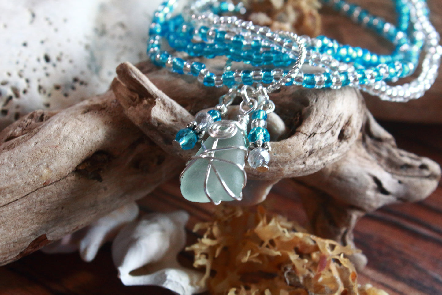 Winter Ocean Sea Glass Beaded Stretch Bracelet