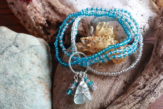 Winter Ocean Sea Glass Beaded Stretch Bracelet