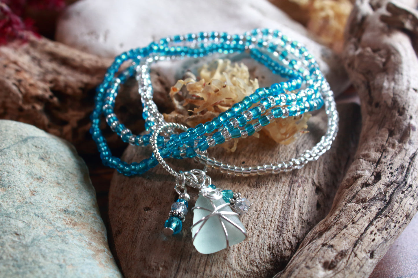 Winter Ocean Sea Glass Beaded Stretch Bracelet
