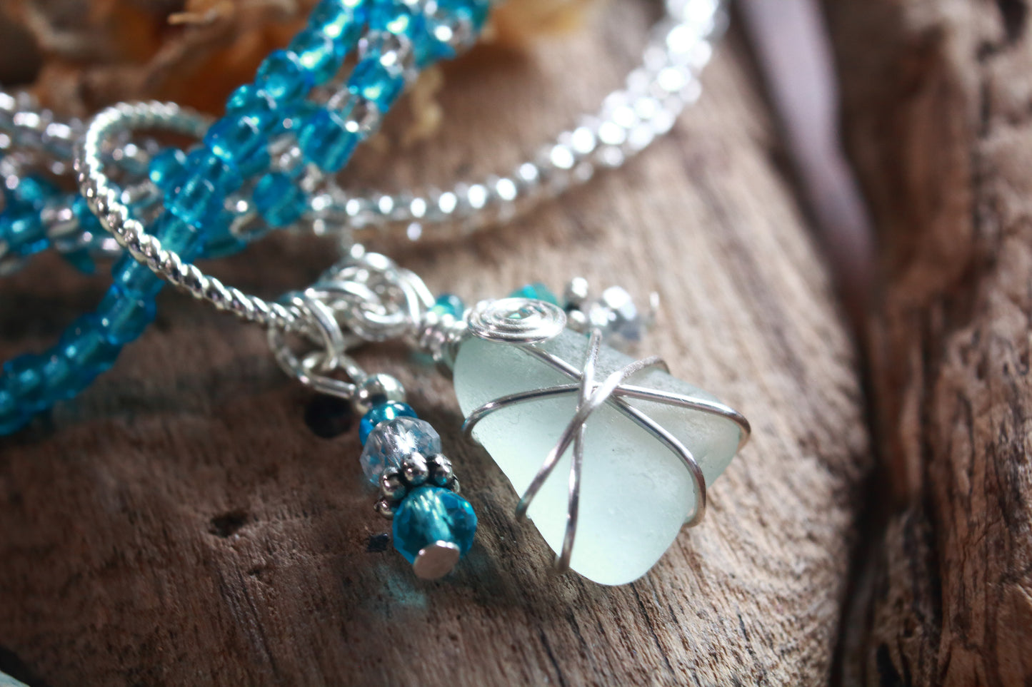 Winter Ocean Sea Glass Beaded Stretch Bracelet