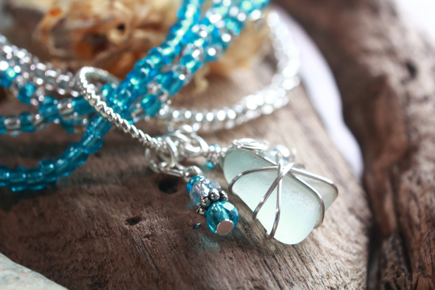 Winter Ocean Sea Glass Beaded Stretch Bracelet