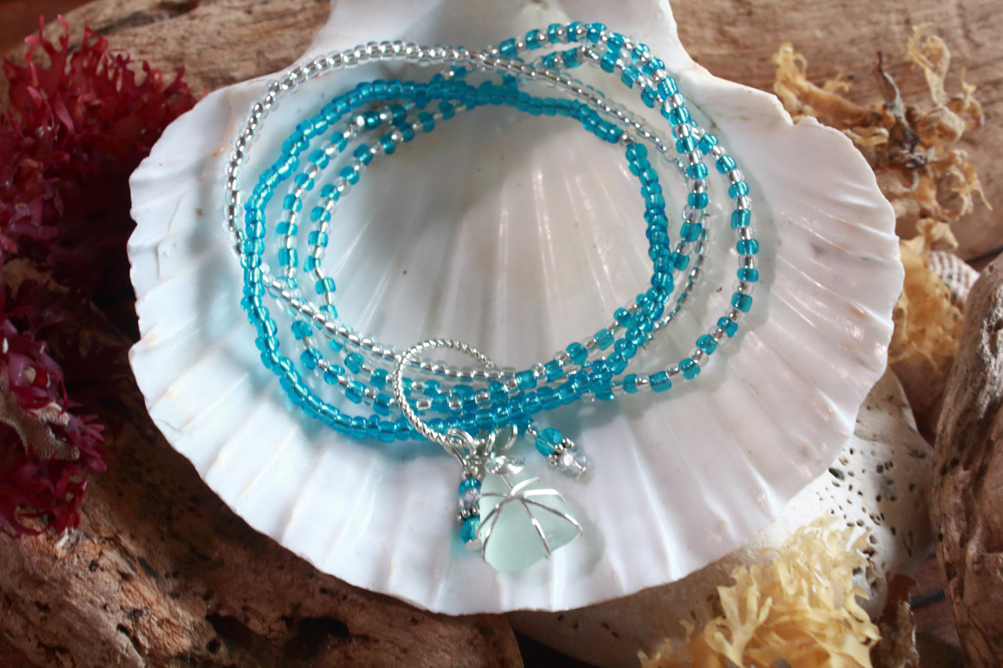 Winter Ocean Sea Glass Beaded Stretch Bracelet