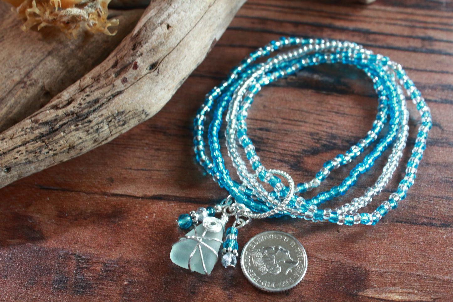 Winter Ocean Sea Glass Beaded Stretch Bracelet