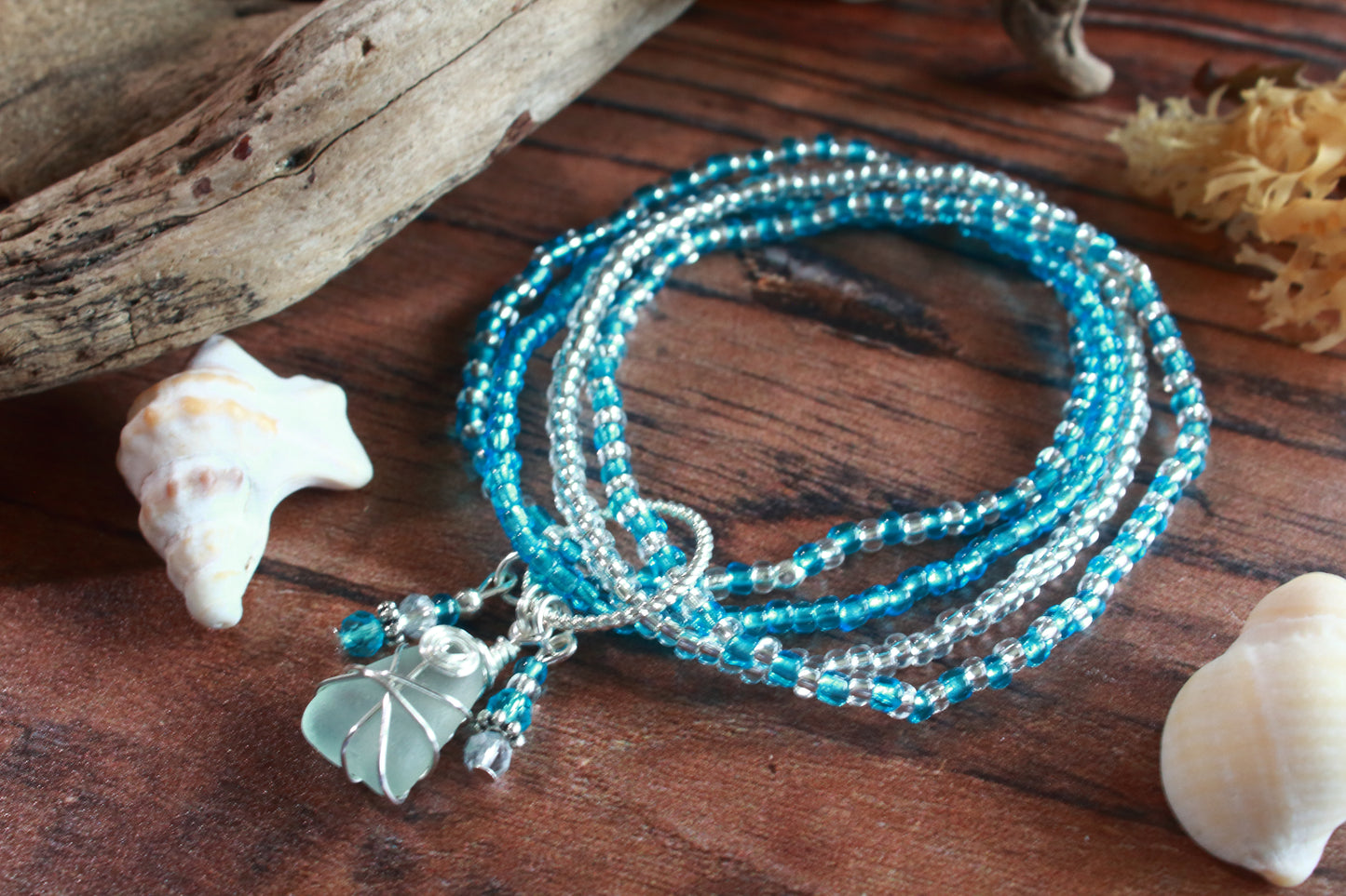 Winter Ocean Sea Glass Beaded Stretch Bracelet