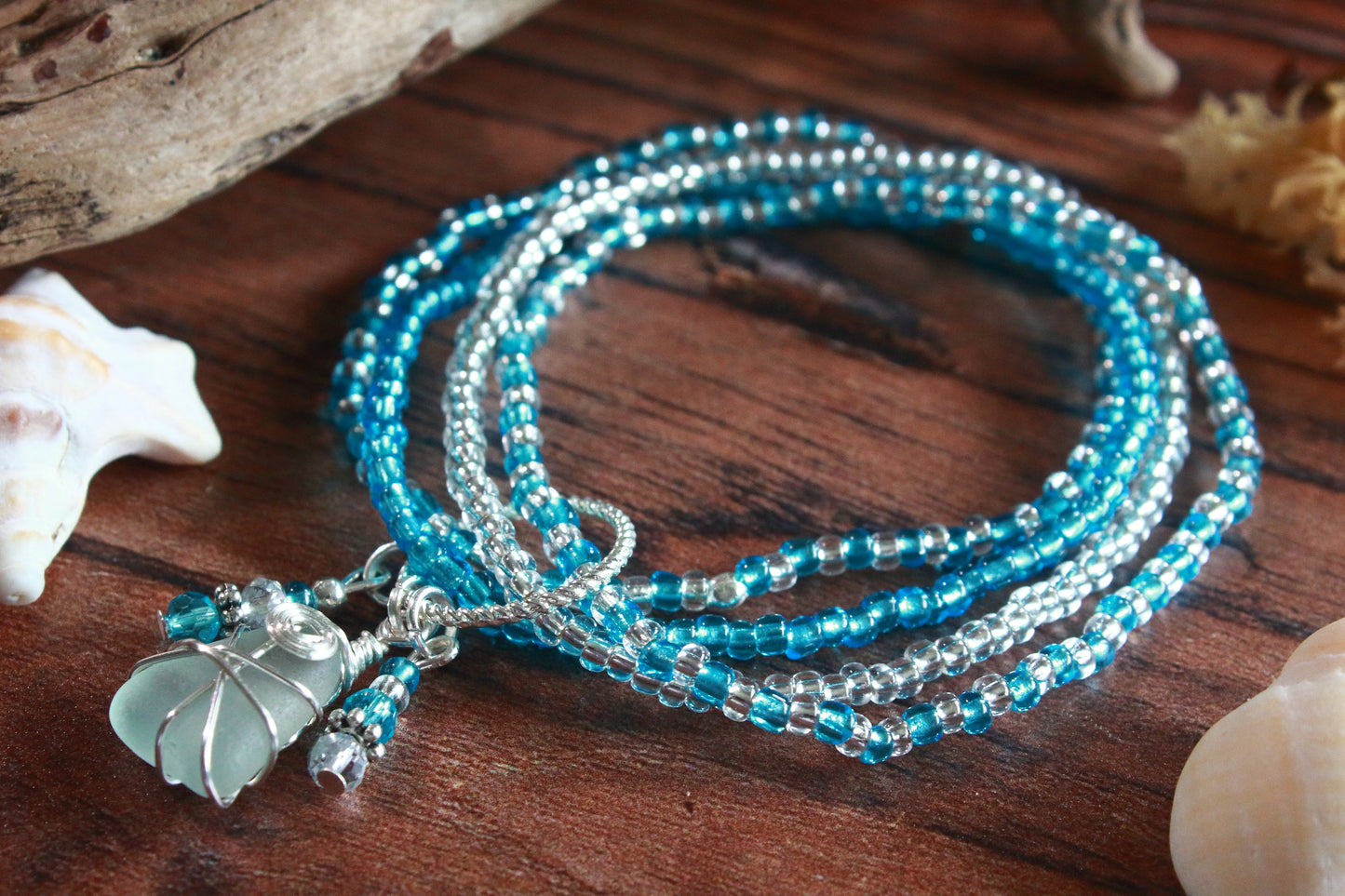 Winter Ocean Sea Glass Beaded Stretch Bracelet