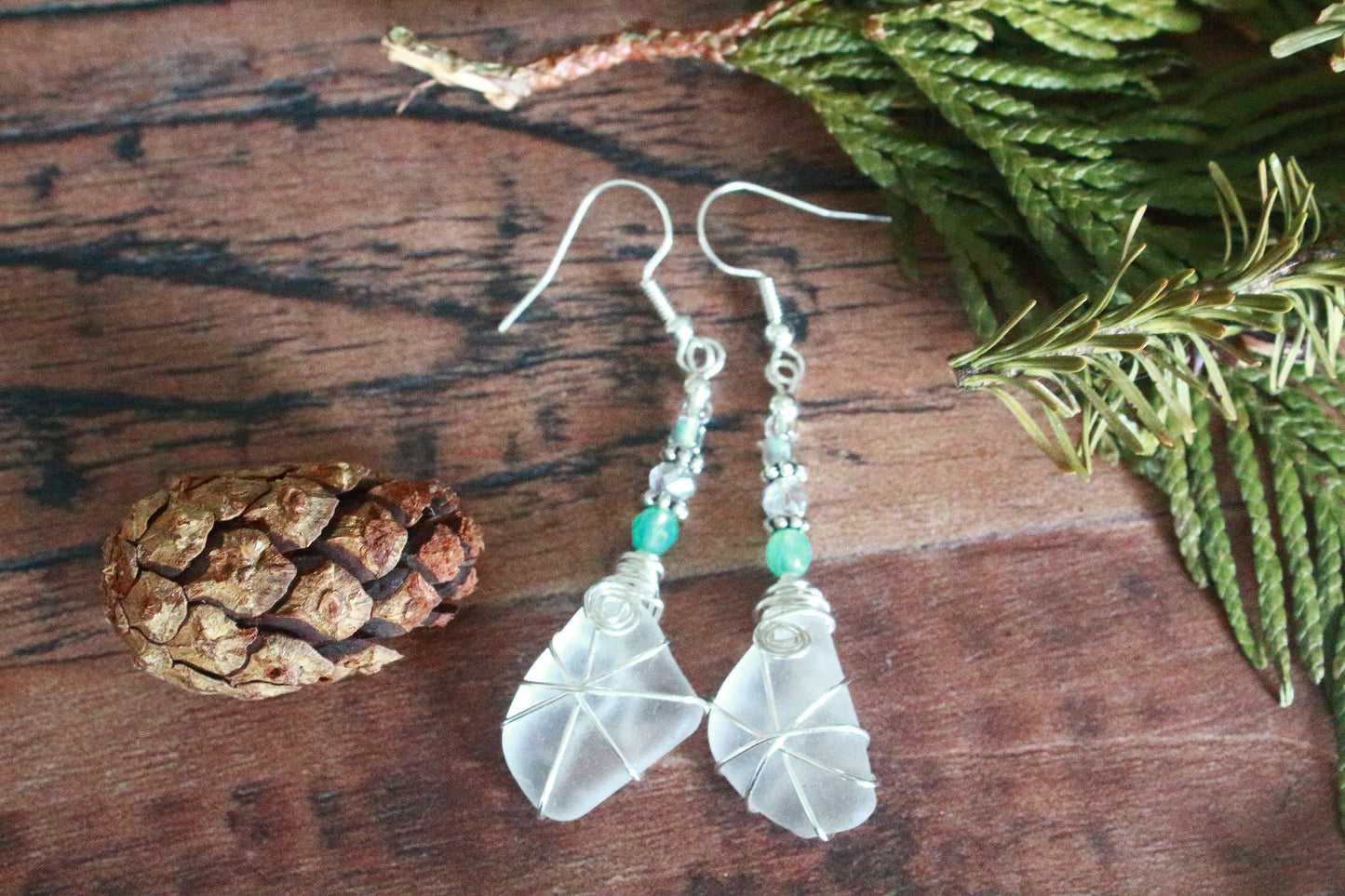 Winter Ice Crystal Sea Glass Earrings