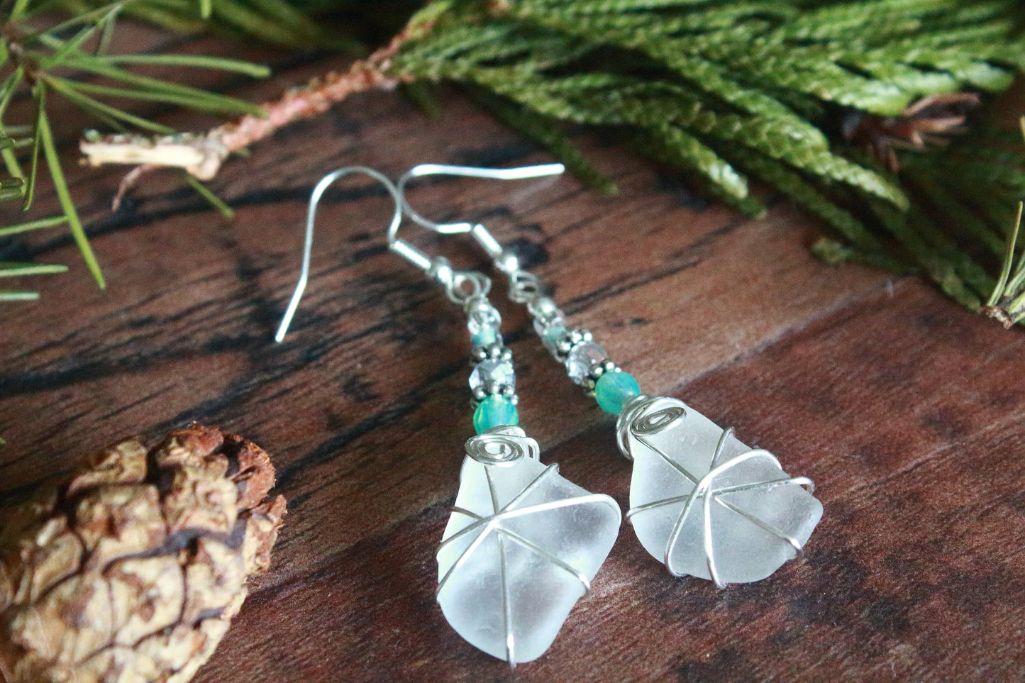 Winter Ice Crystal Sea Glass Earrings