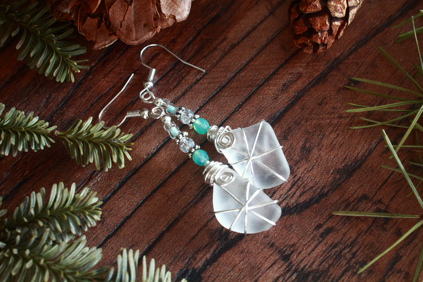 Winter Ice Crystal Sea Glass Earrings