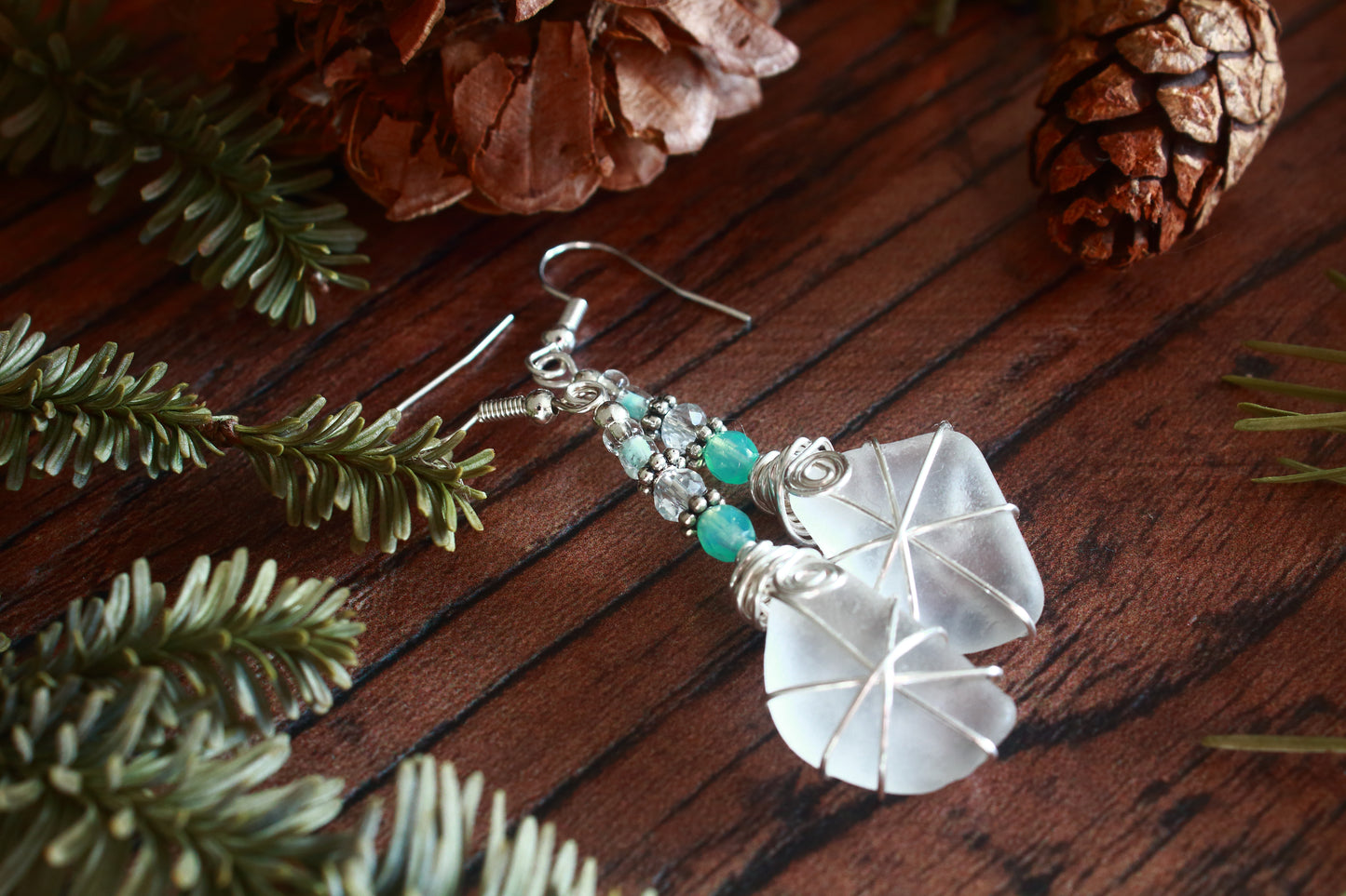 Winter Ice Crystal Sea Glass Earrings