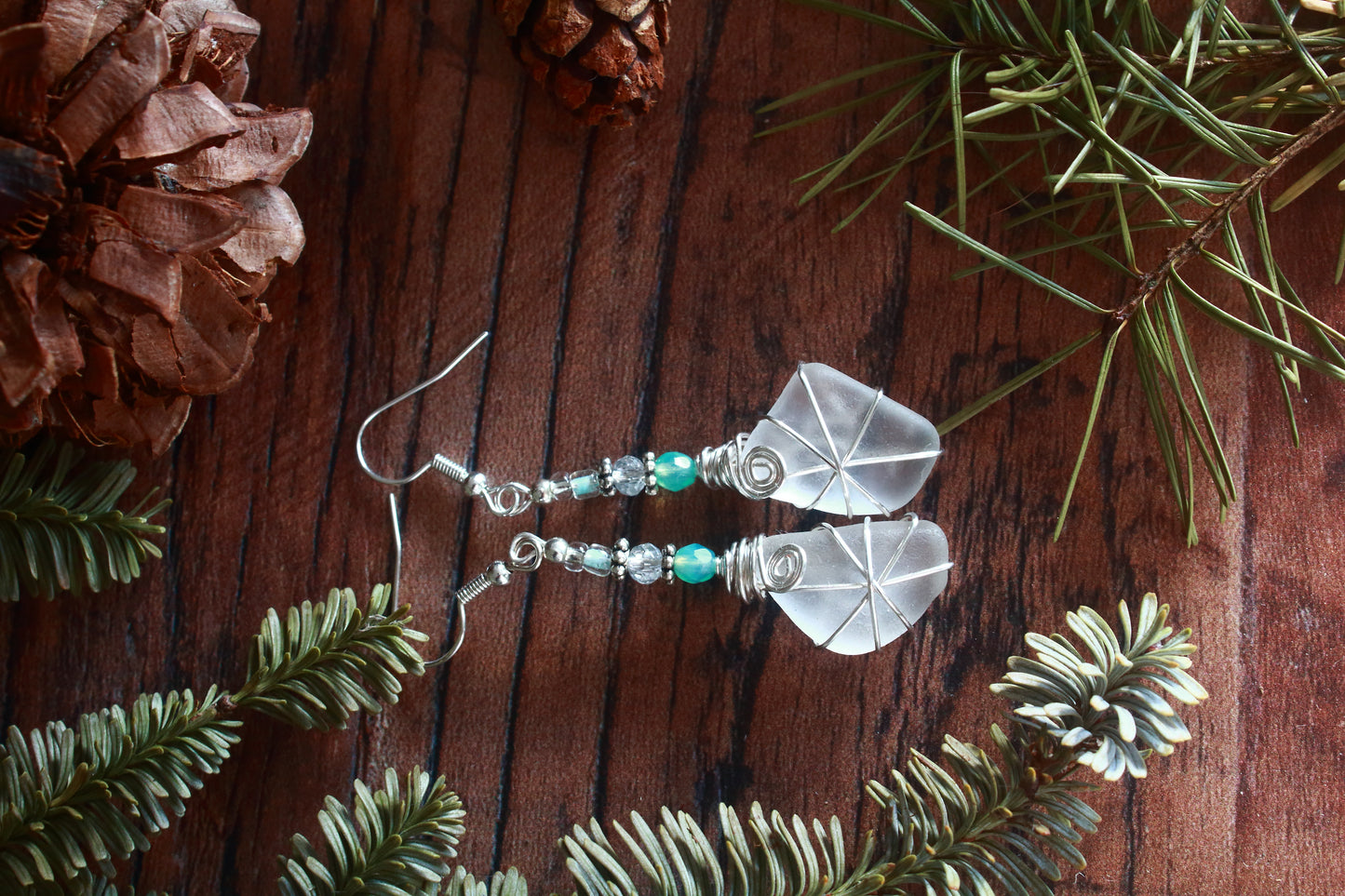 Winter Ice Crystal Sea Glass Earrings
