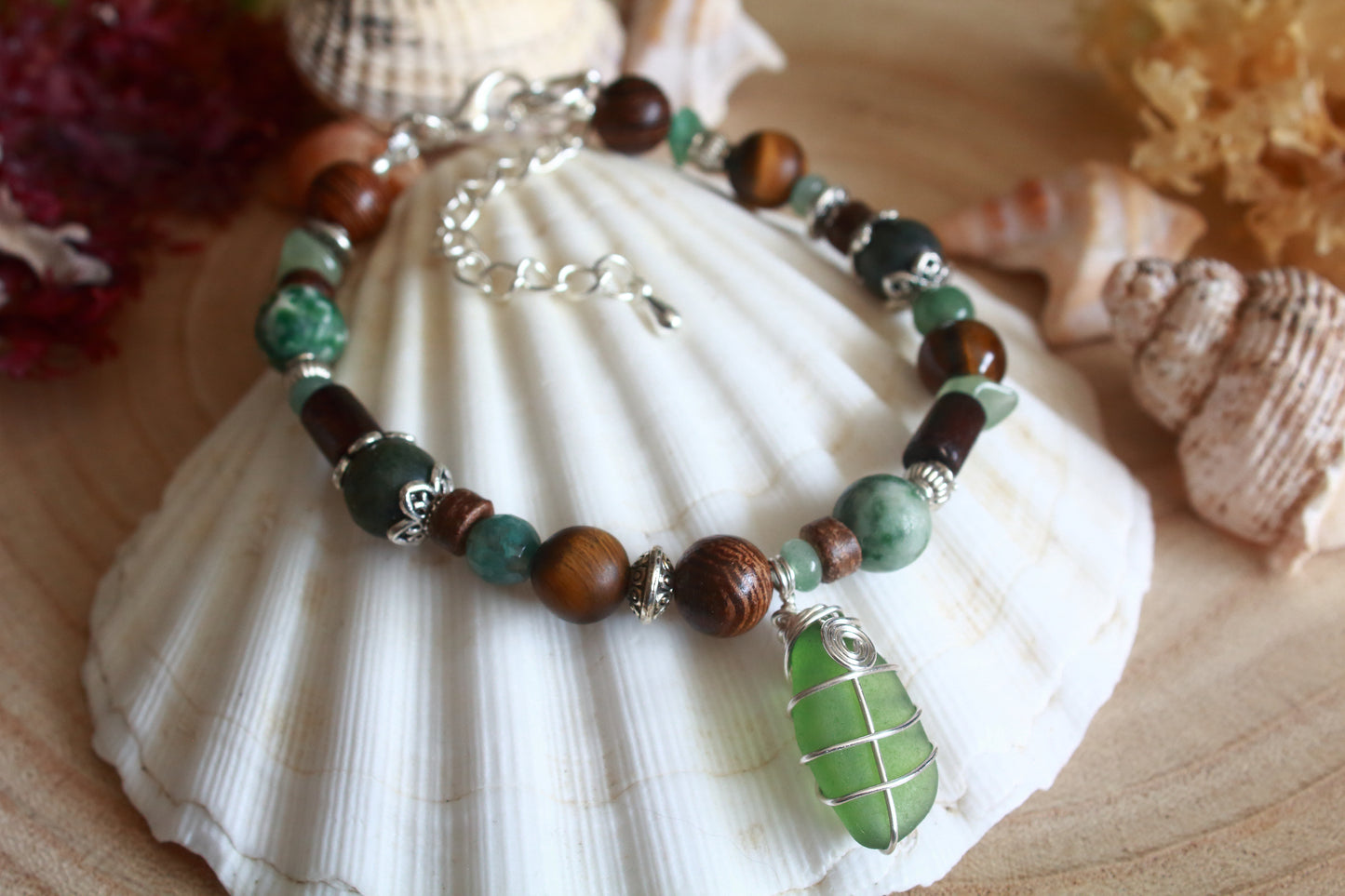 Woodland Green and Brown Irish Sea Glass Beaded Bracelet