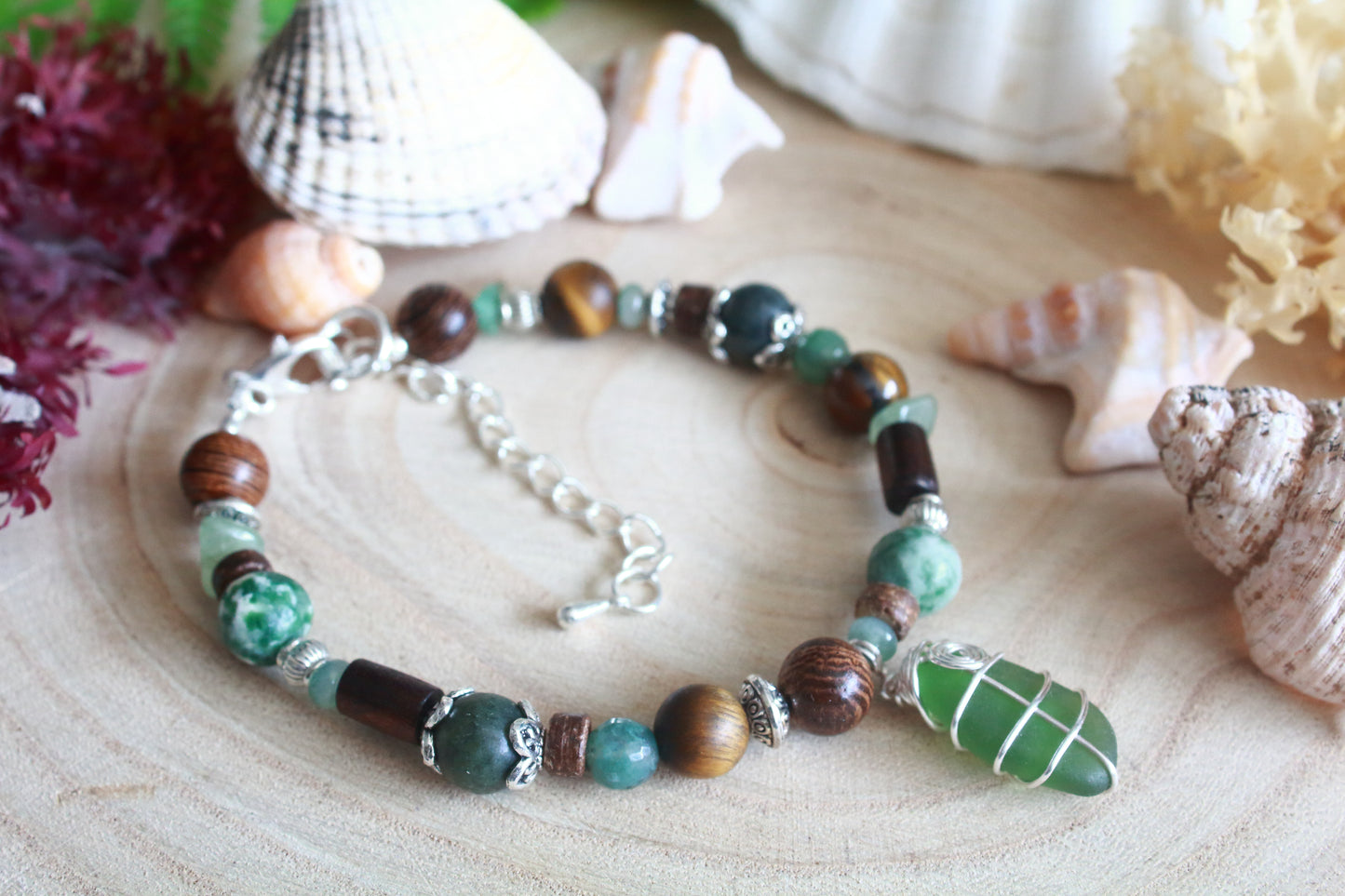 Woodland Green and Brown Irish Sea Glass Beaded Bracelet