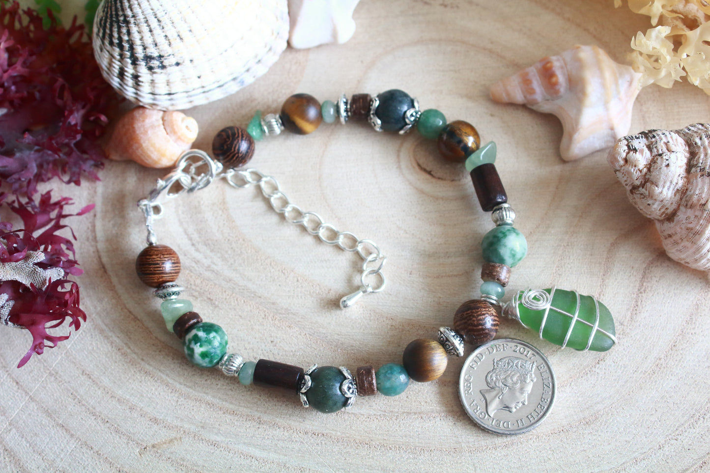 Woodland Green and Brown Irish Sea Glass Beaded Bracelet