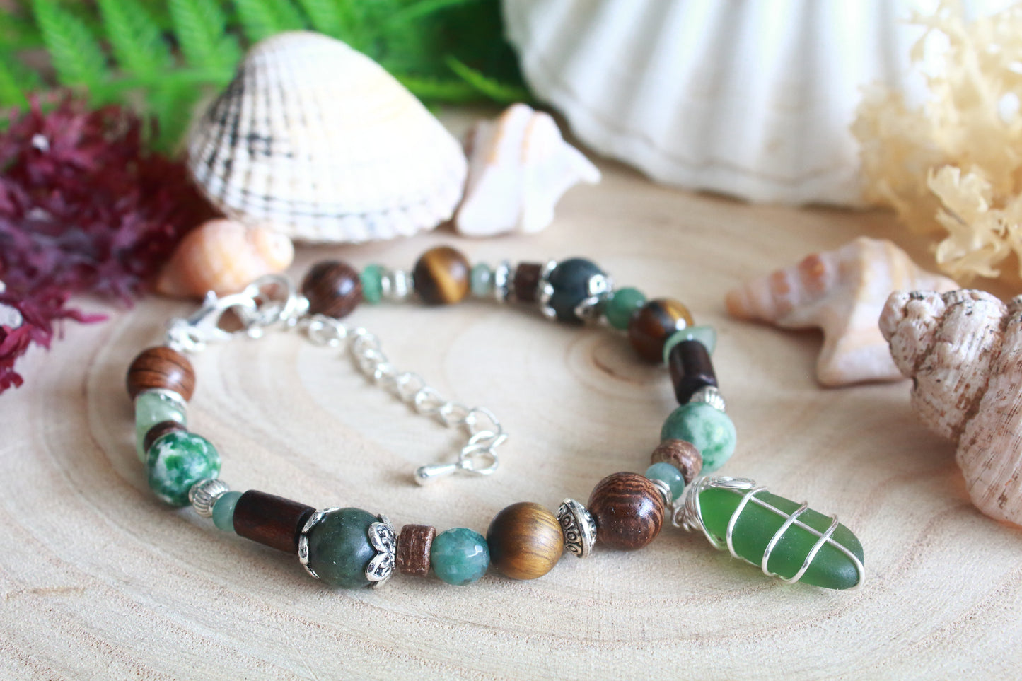 Woodland Green and Brown Irish Sea Glass Beaded Bracelet