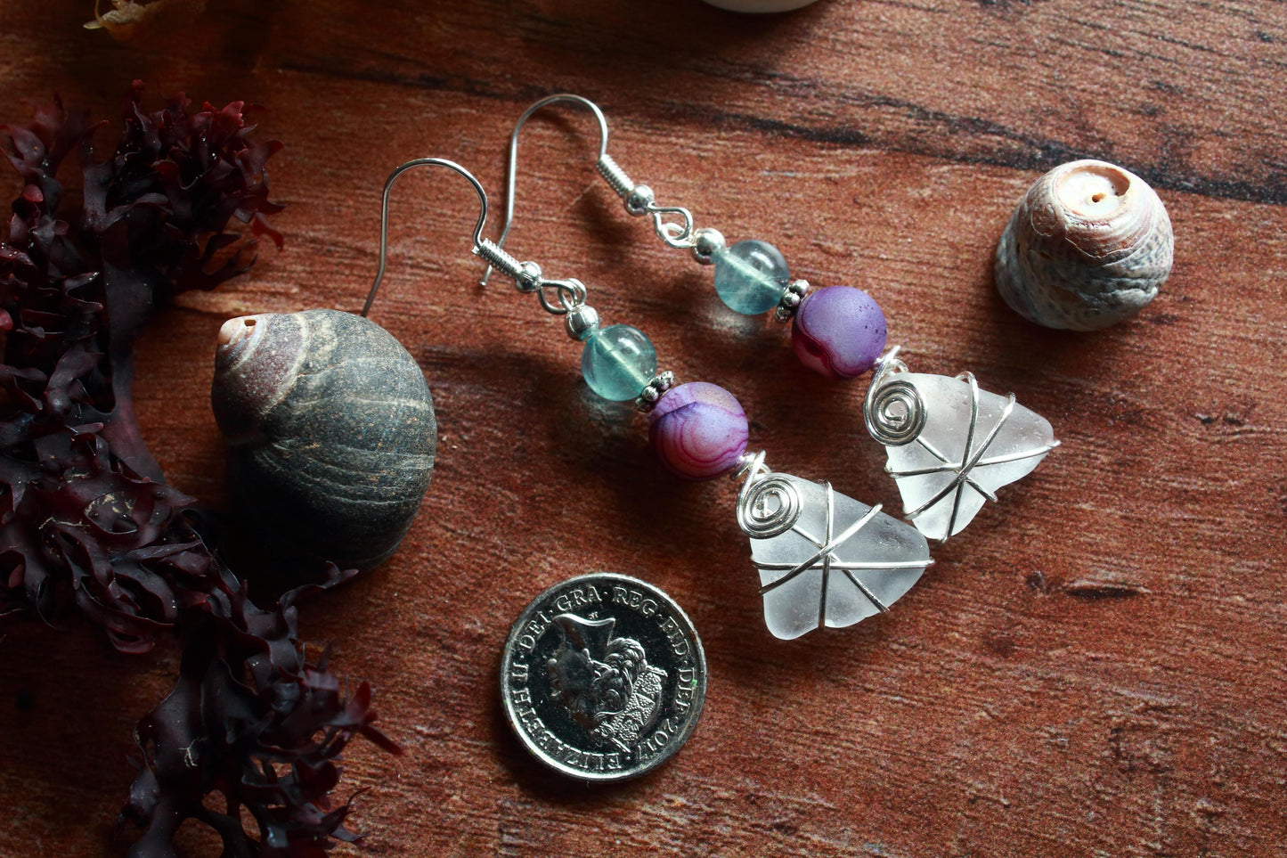 Jade Green Purple Sea Glass Earrings