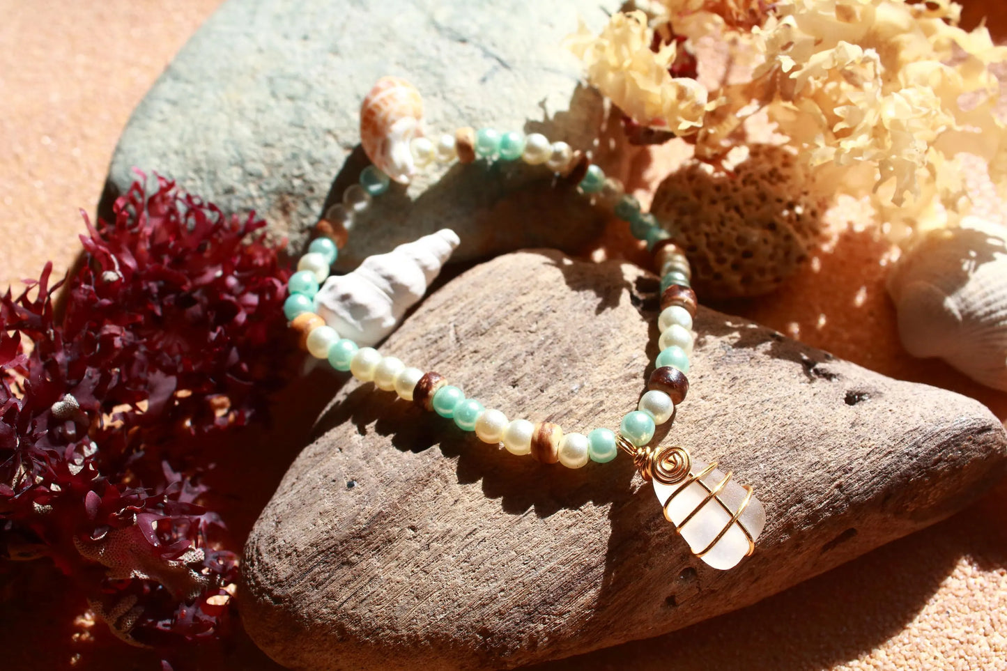 Sea Glass & Shell Gold Stretch Bangle