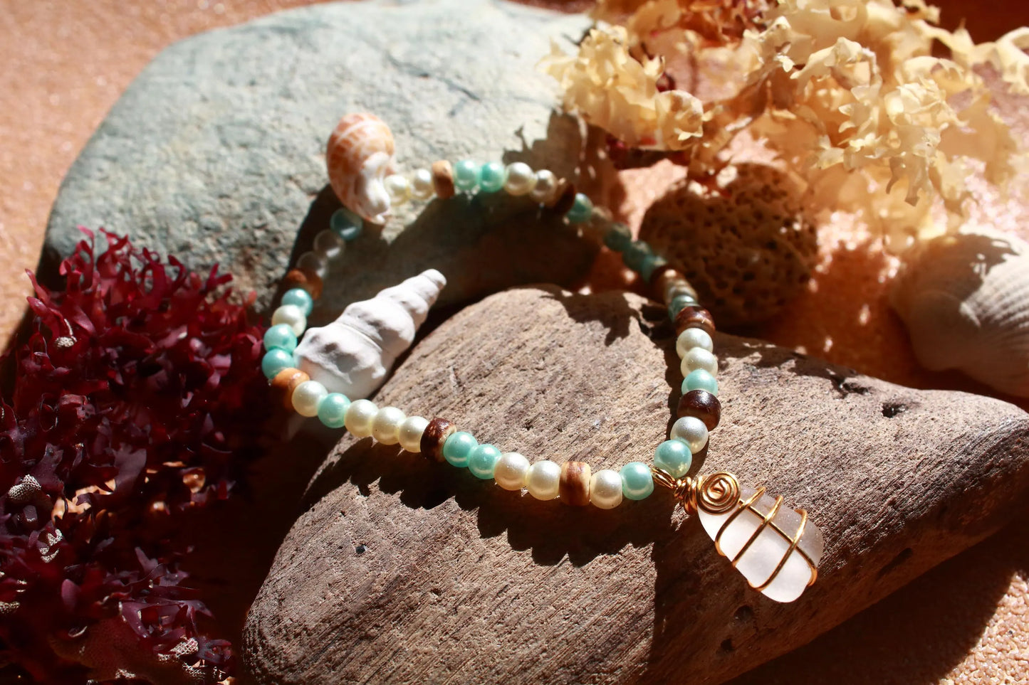 Sea Glass & Shell Gold Stretch Bangle
