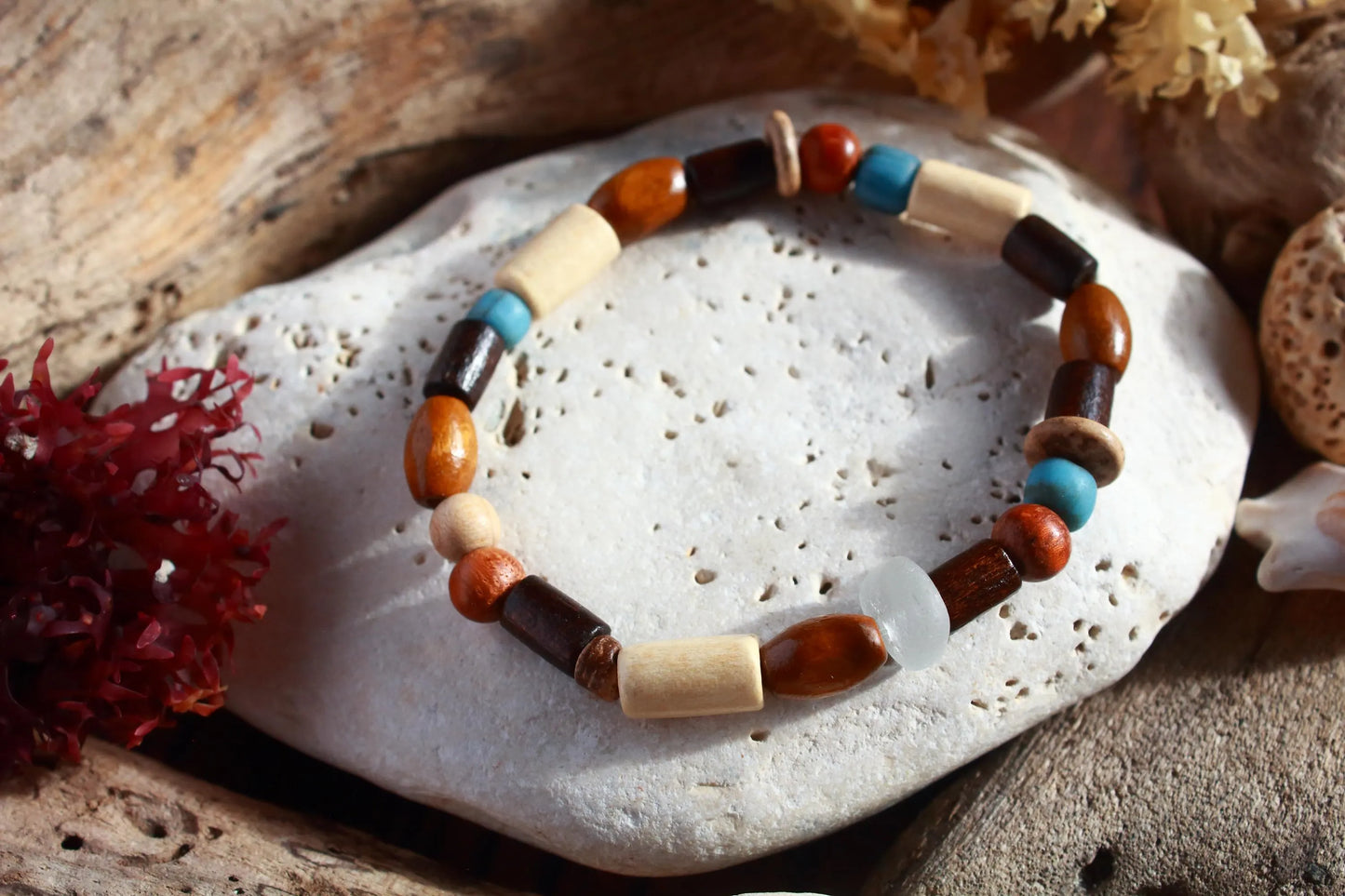 Unisex Stretch Wooden Beaded Surfer Sea Glass Bangle